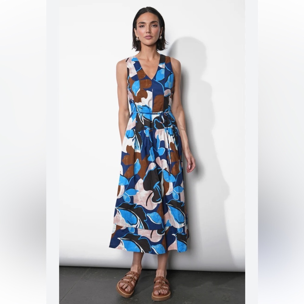 Greylin Abi Poplin Midi Dress | Blue Abstract Print | Size Small NWT